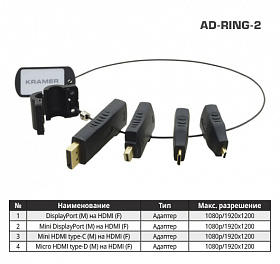 Комплект переходников Kramer AD-RING-2 на общем кольце с переходниками DisplayPort (вилка) на HDMI (розетка) 1080p, Mini DisplayPort (вилка) на HDMI (розетка) 1080p, Mini HDMI type-C (вилка) на HDMI (розетка) 1080p, Micro HDMI type-D (вилка) на HDMI