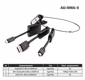 Комплект переходников Kramer AD-RING-9 на общем кольце с переходниками DisplayPort (вилка) на HDMI (розетка) 4K60 (4:2:0), Mini DisplayPort (вилка) на HDMI (розетка) 1080p, USB тип C (вилка) на HDMI (розетка) 4K60 (4:2:0)